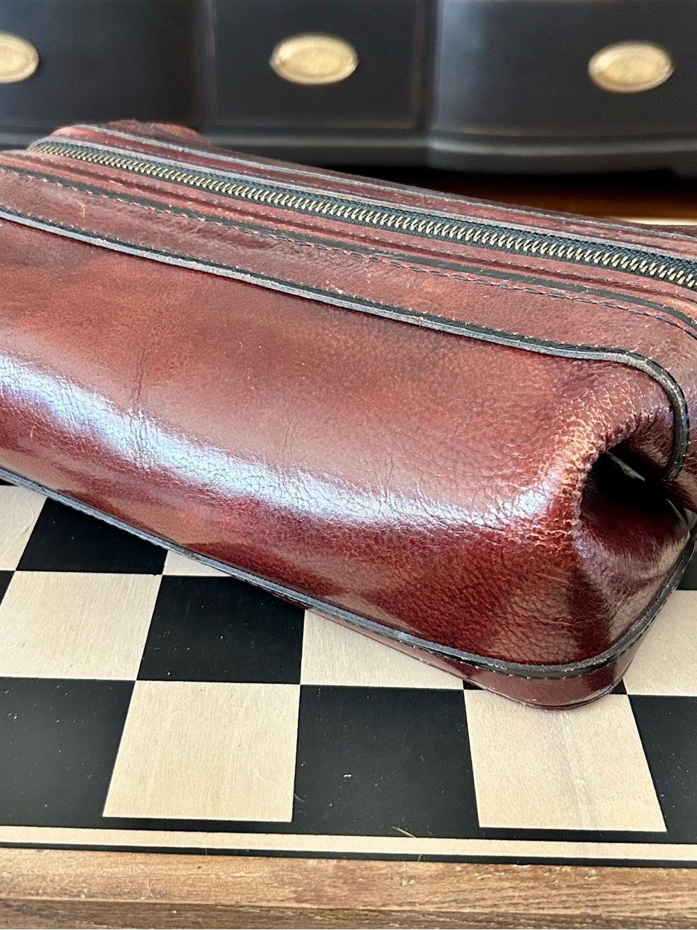 Bosca Chestnut Brown Leather Toiletry Dopp Kit with Brass Zipper